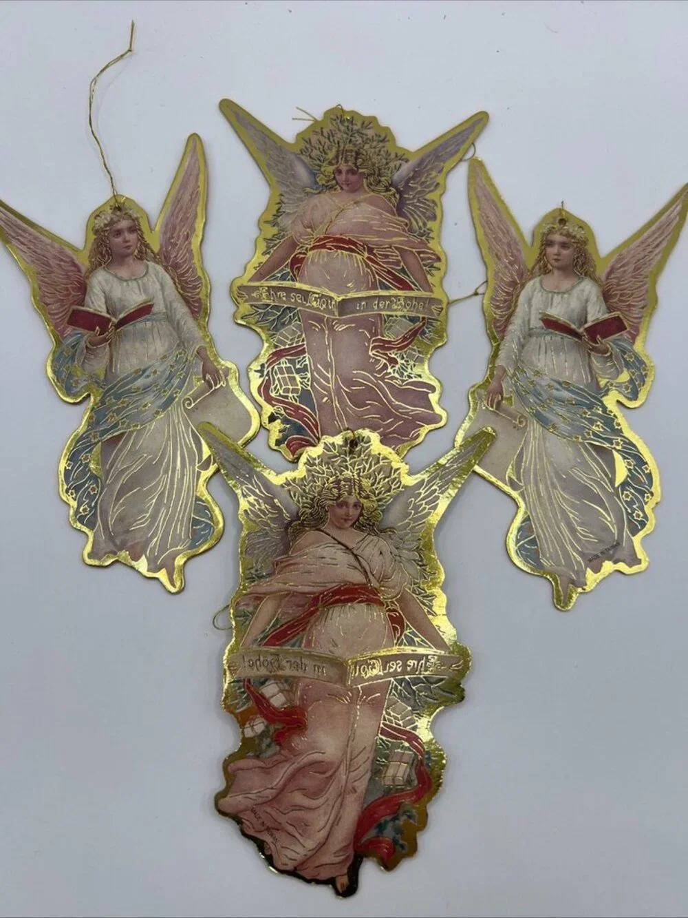 Lot of 4 Vtg Victorian Angel Cherubs Die Cut Ornaments Pastel Gold Trim 5”